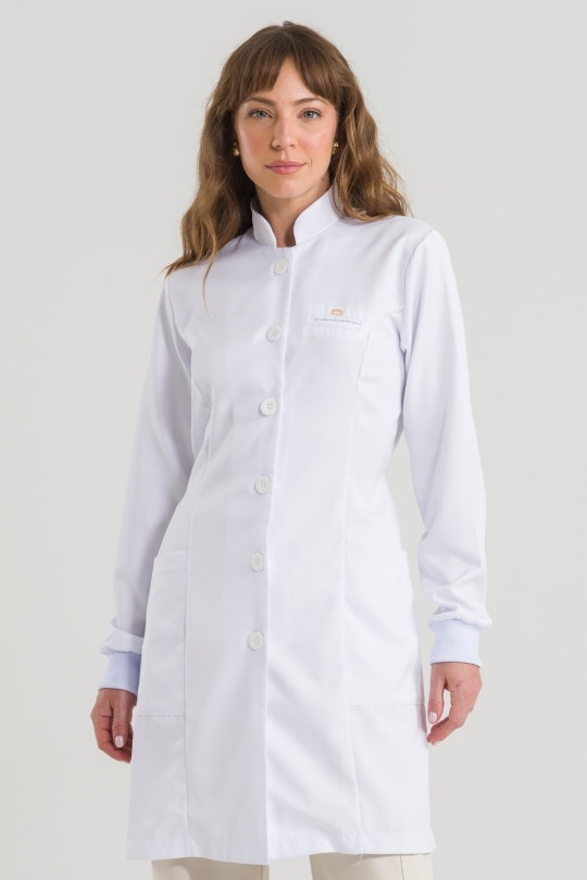 Jaleco Basic Feminino - branco em gabardine com gola padre e punho 